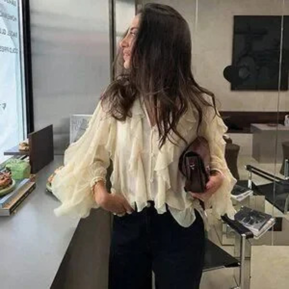 Tan Casual Women's Ruffle Trim Lantern Blouse Shirt
